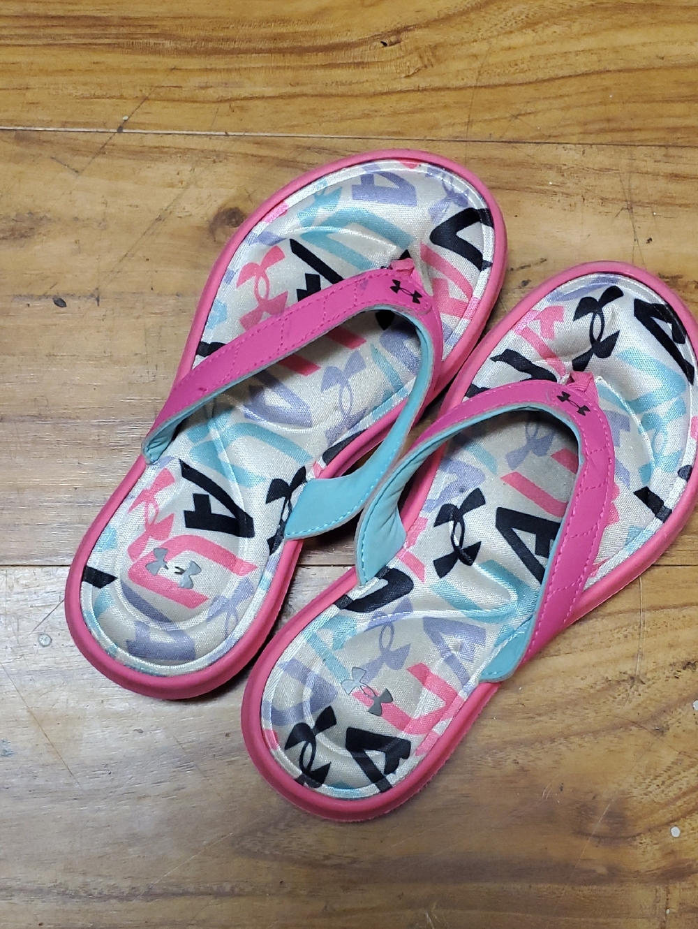 Under Amour Pink & Aqua Graphic Flip Flop Sandals Size 3Y